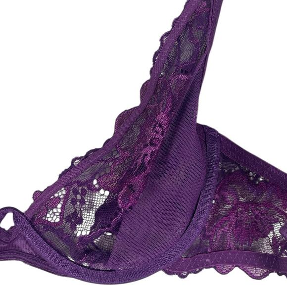 Wacoal Lace Plunge Bra Floral Sheer Feminine Romantic 95730 Purple Size 34B - Picture 11 of 12
